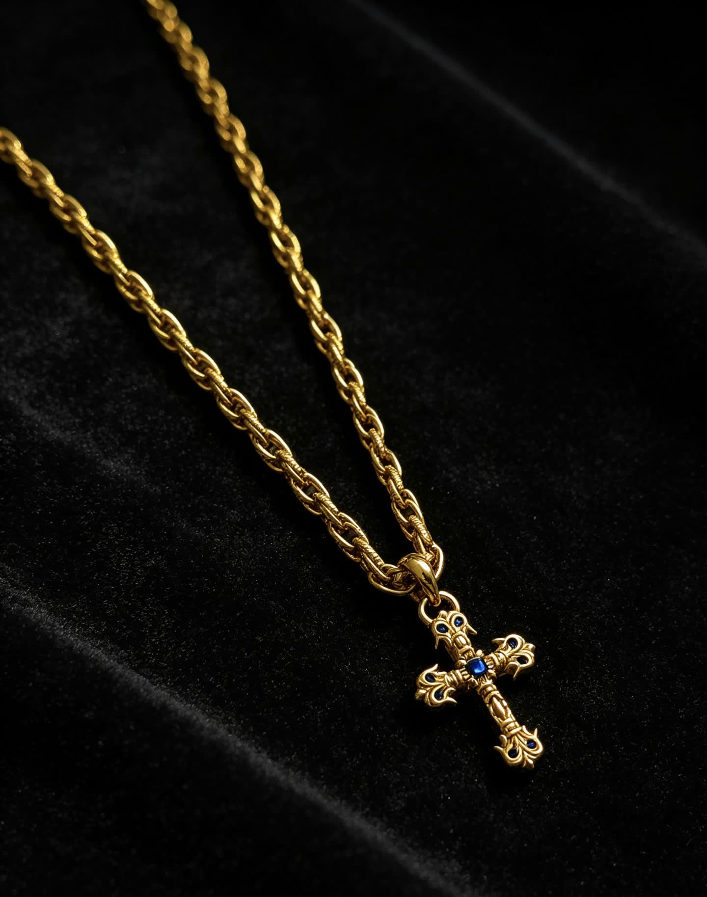 Chrome Hearts Gold Cross Pendant Necklace with Blue Gemstone